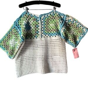 Handmade Crochet Granny Square Sweater Top Multicolor Boho Chic M